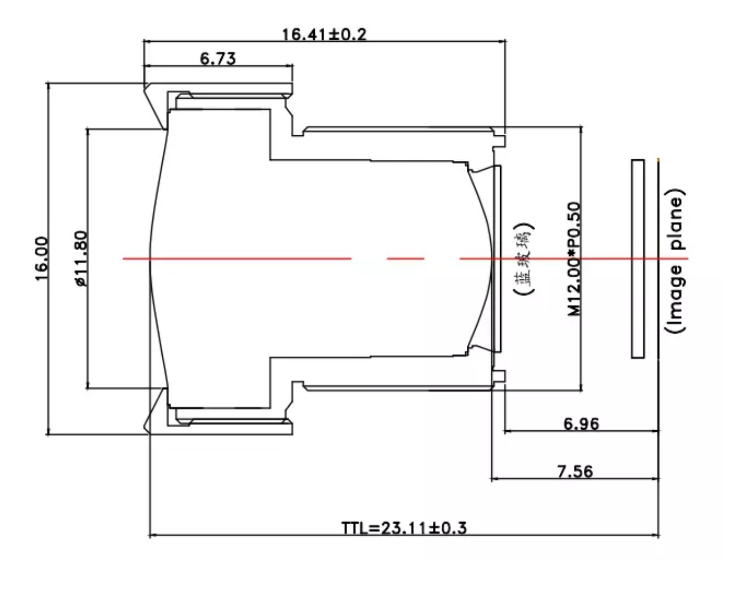 CIL06.0-F2.8-M12IR mechanical drawing. A 6.0mm M12 S Mount Lens